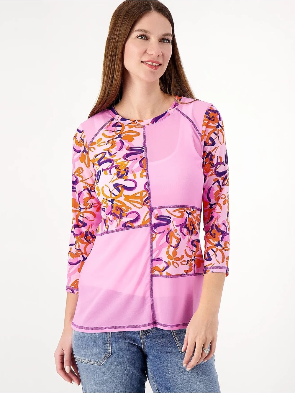 LOGO by Lori Goldstein Pink Patchwork Floral Long Sleeve Top
